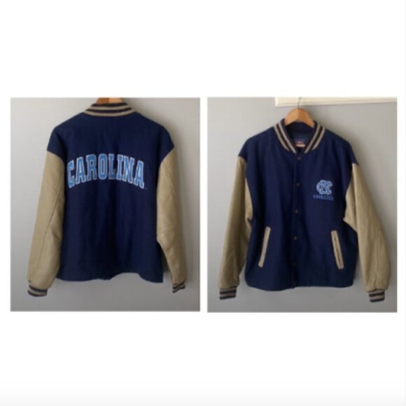 Vintage Oversized Leather Wool Bomber Jacket Champs Varsity Carolina Tar Heels - Picture 1 of 13
